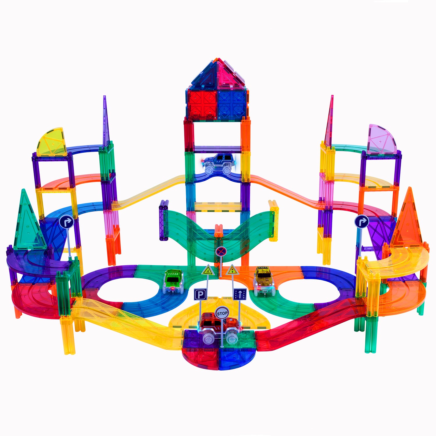 Picasso Tiles 150 Piece Magnetic Kids Toy Building Kit Race Track Set w/ 4 Cars - VMInnovations