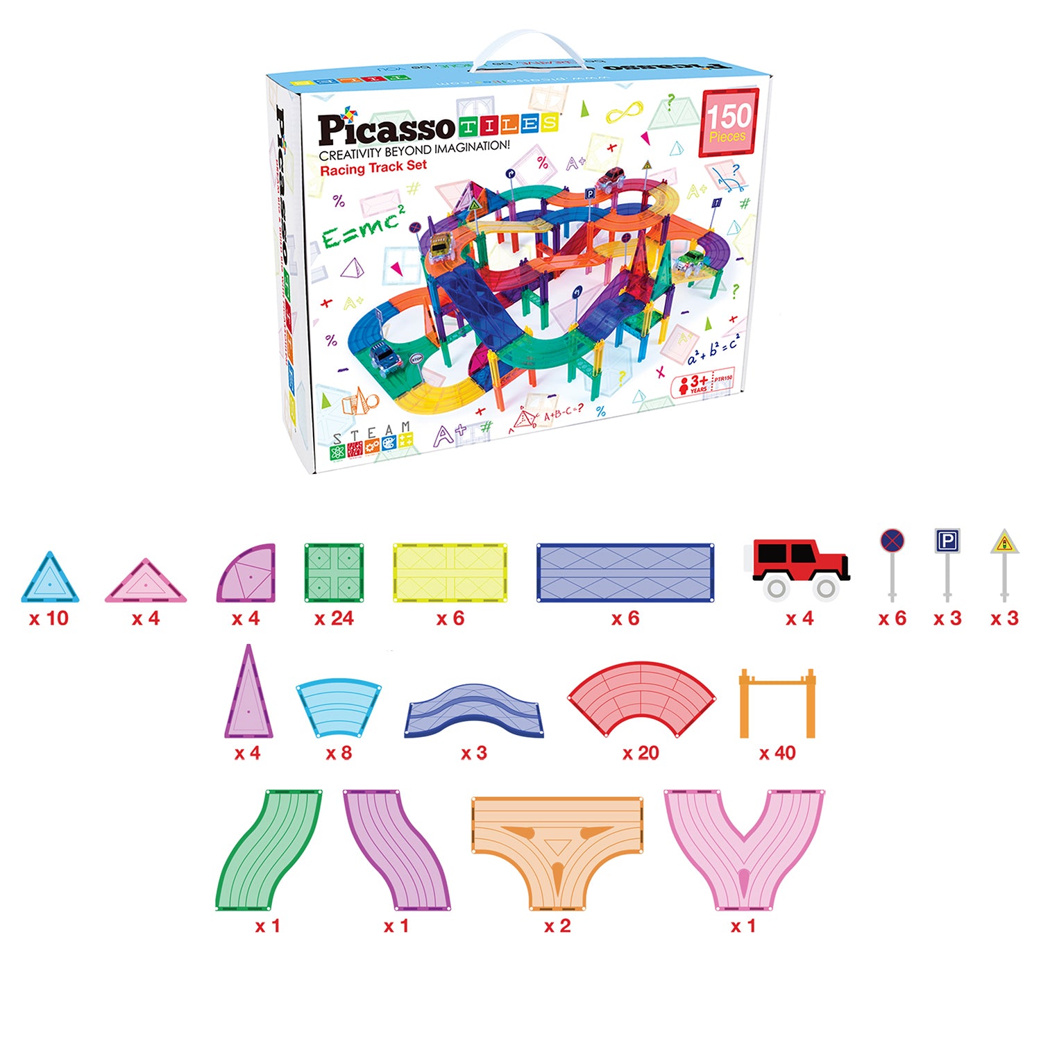 Picasso Tiles 150 Piece Magnetic Kids Toy Building Kit Race Track Set w/ 4 Cars - VMInnovations