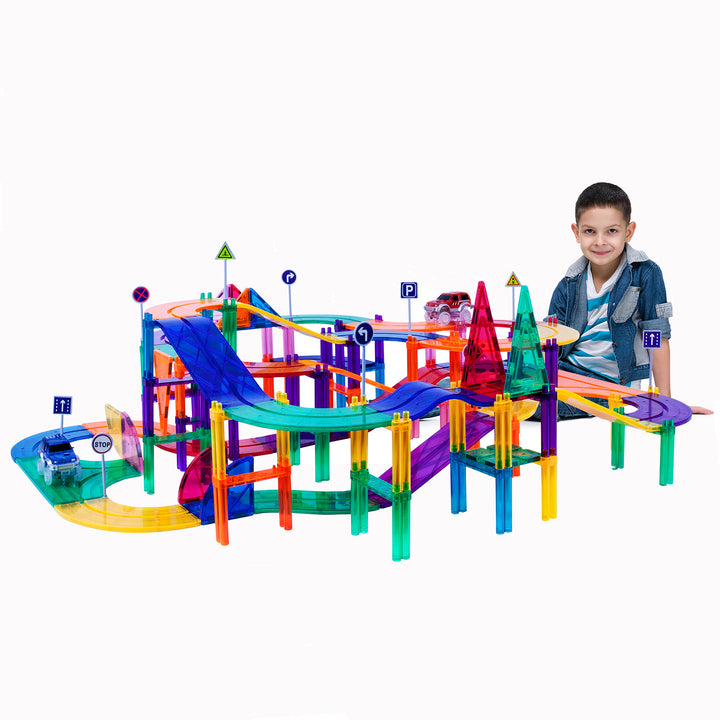 Picasso Tiles 150 Piece Magnetic Kids Toy Building Kit Race Track Set w/ 4 Cars - VMInnovations