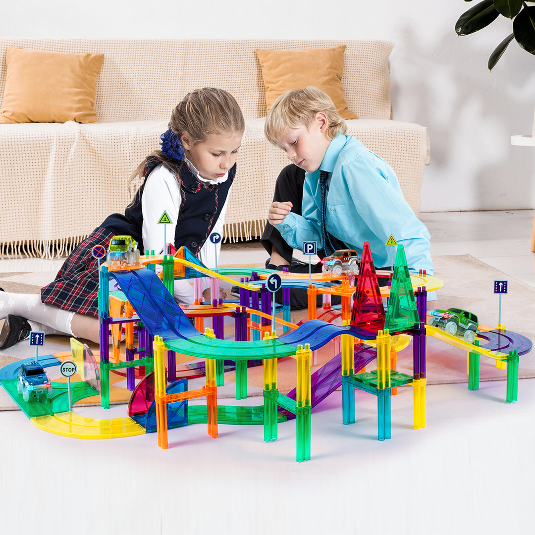 Picasso Tiles 150 Piece Magnetic Kids Toy Building Kit Race Track Set w/ 4 Cars - VMInnovations