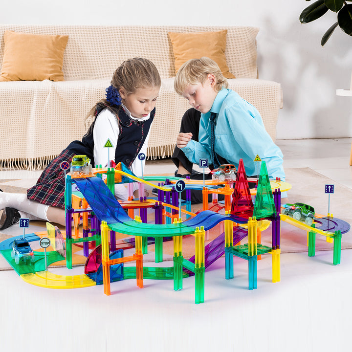 Picasso Tiles 150 pc Magnetic Kids Toy Kit Race Track Set w/ 4 Cars (Open Box) - VMInnovations
