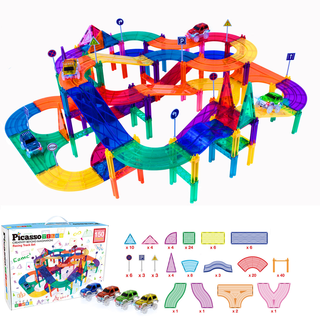 Picasso Tiles 150 Piece Magnetic Kids Toy Building Kit Race Track Set w/ 4 Cars - VMInnovations