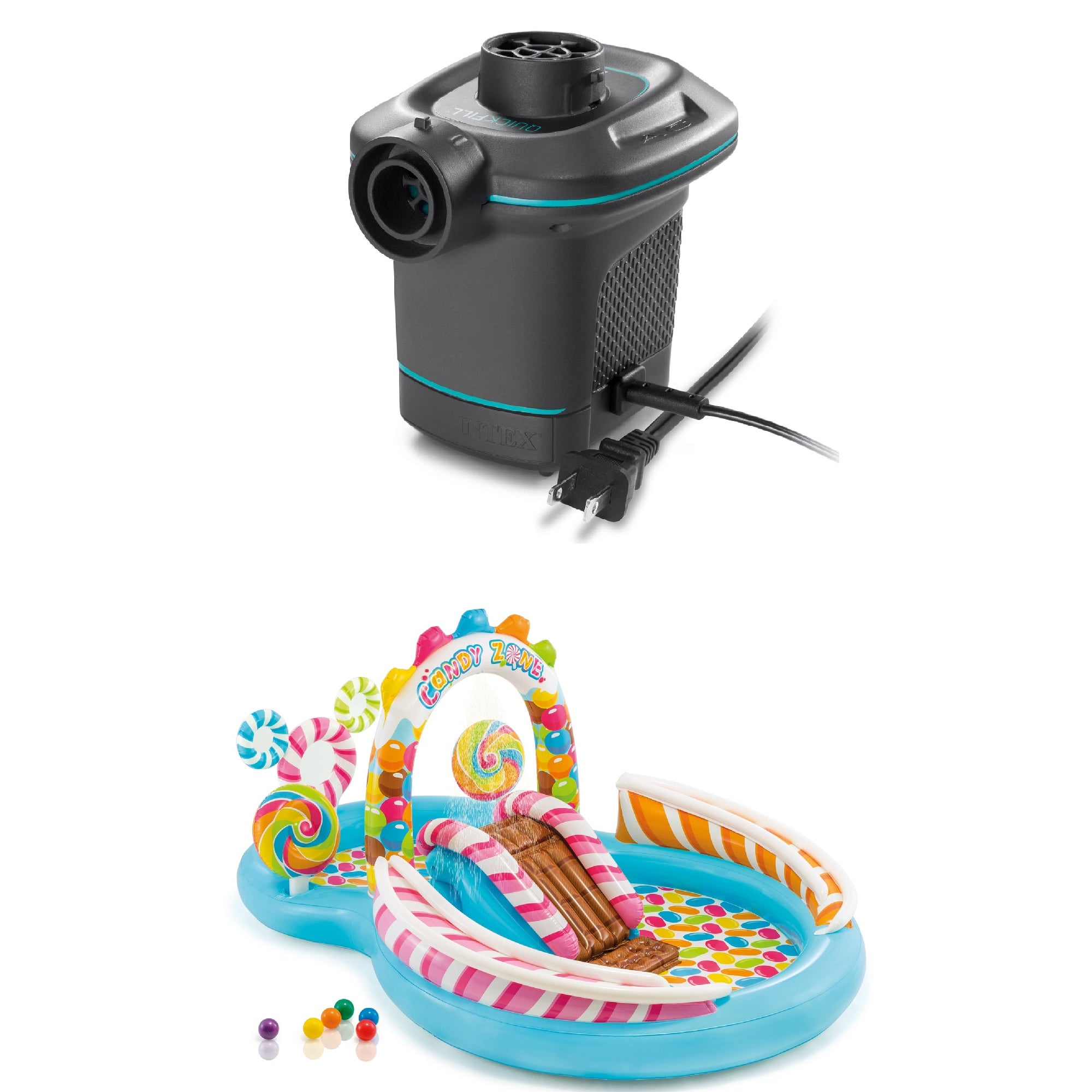 Intex 120V Quick Fill Electric Air Pump & 9ft x 51in Kids Inflatable Candy Pool - VMInnovations
