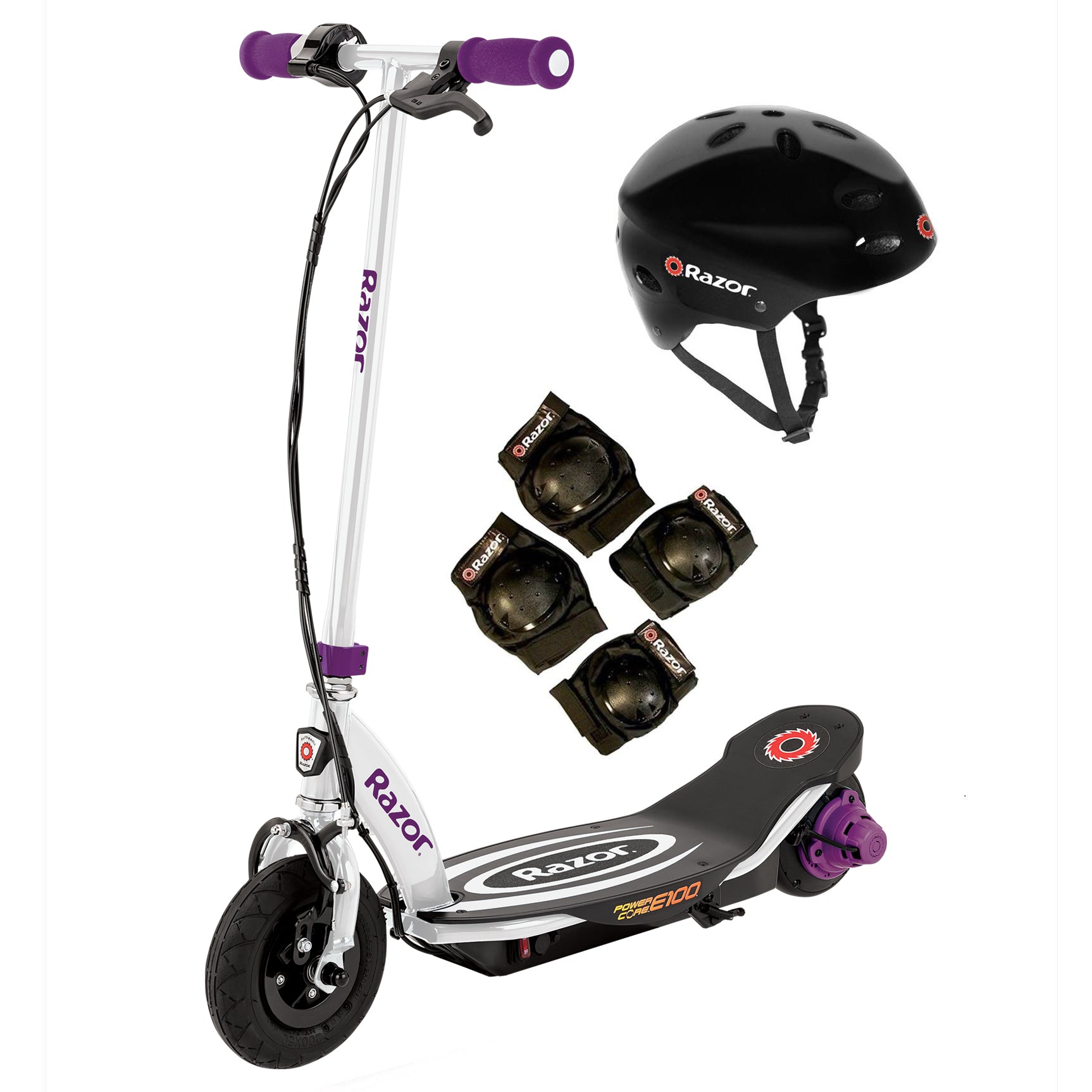 Razor Power Core E100 Kids RideOn Electric Motor Scooter w/Helmet & Pads, Purple
