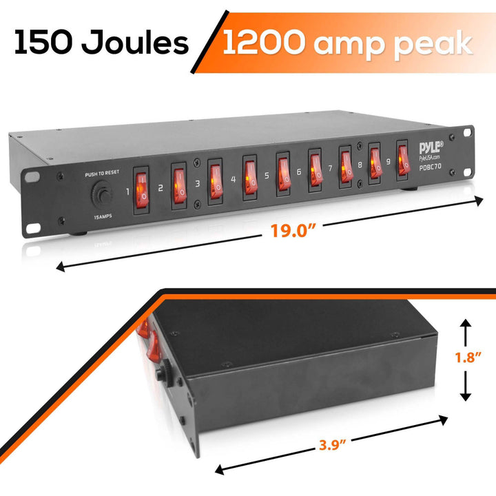 Pyle PDBC70 15 Amp Rack Mountable PDU Power Strip Surge Protector with 9 Outlets - VMInnovations
