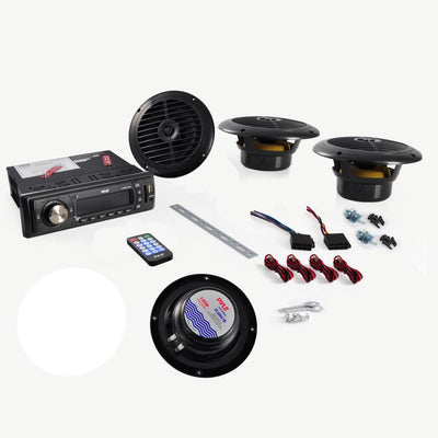 Pyle PLMRKT14BK Marine Receiver Stereo System w/ 2 Pair 6.5 Inch Speakers, Black