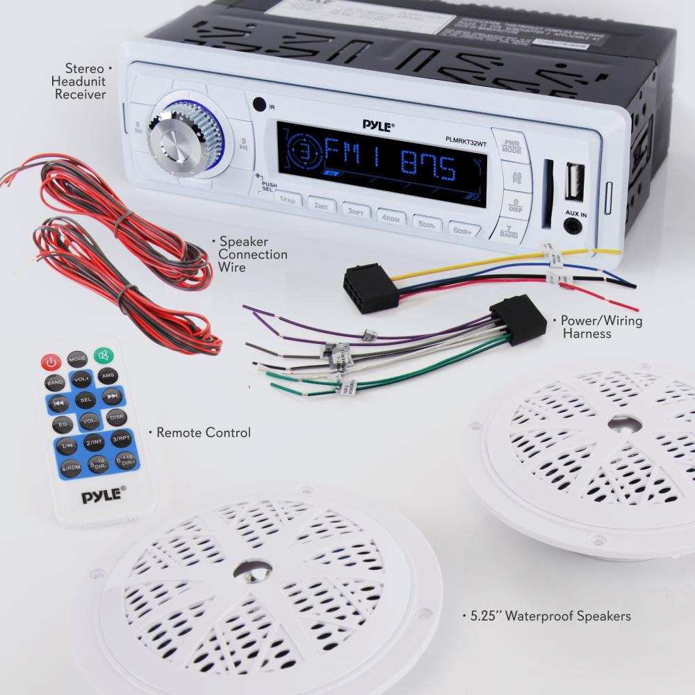 Pyle PLMRKT32WT Marine Receiver Stereo System w/ Pair 5.25 Inch Speakers, White