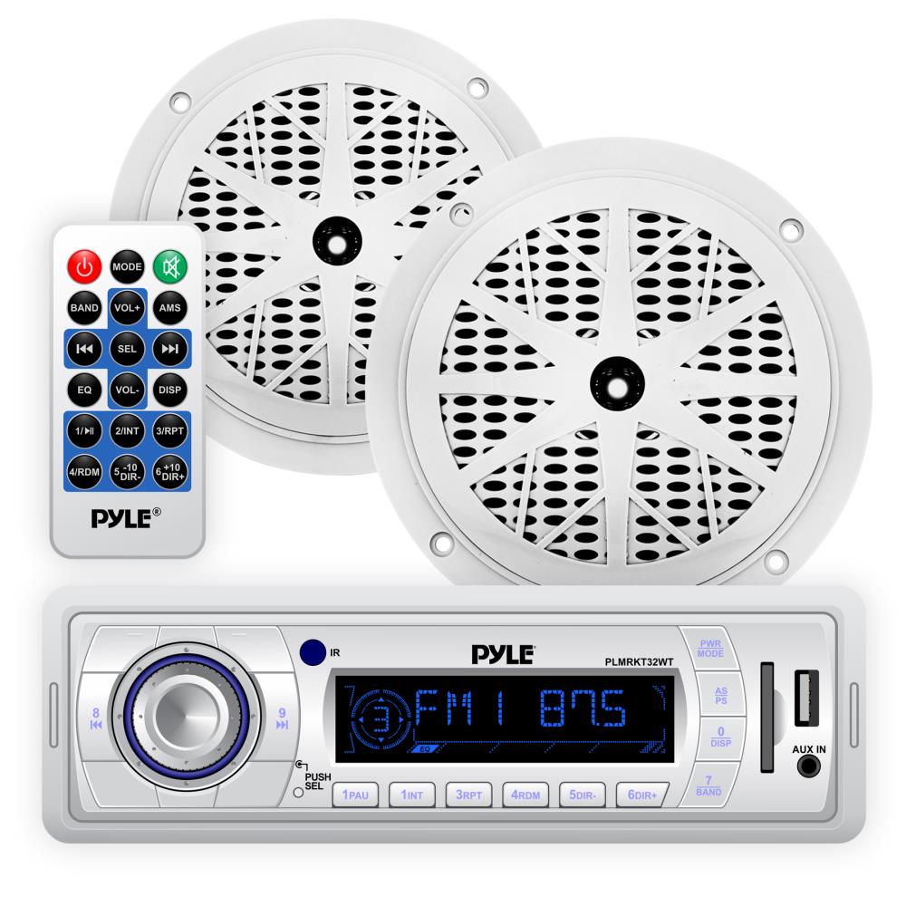 Pyle PLMRKT32WT Marine Receiver Stereo System w/ Pair 5.25 Inch Speakers, White