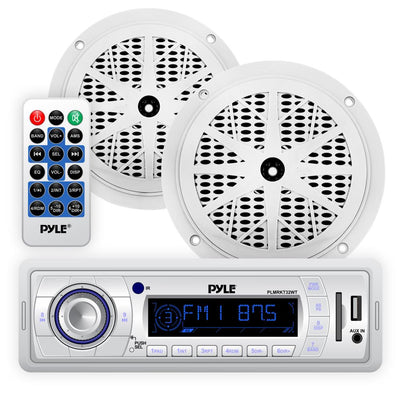 Pyle PLMRKT32WT Marine Receiver Stereo System w/ Pair 5.25 Inch Speakers, White