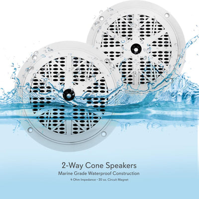 Pyle PLMRKT32WT Marine Receiver Stereo System w/ Pair 5.25 Inch Speakers, White