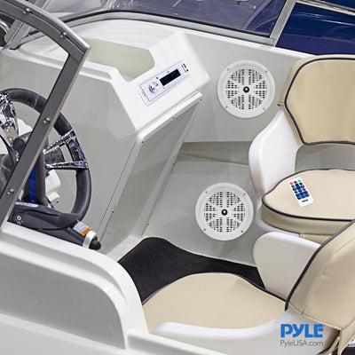 Pyle PLMRKT32WT Marine Receiver Stereo System w/ Pair 5.25 Inch Speakers, White