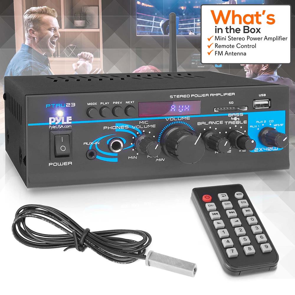 Pyle PTAU23 2 x 40W Home Stereo Mini Bluetooth Power Amplifier w/ Remote Control