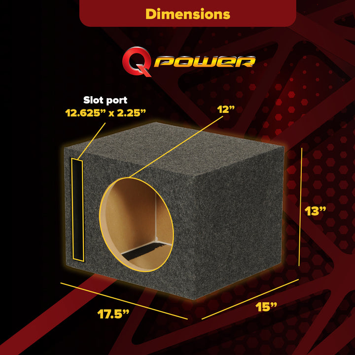 QPower QBASS Dual Vented 12 Inch Single Audio Subwoofer Enclosure Box, Charcoal