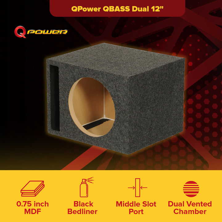 QPower QBASS Dual Vented 12 Inch Single Audio Subwoofer Enclosure Box, Charcoal