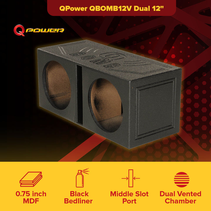 QPower QBOMB12V Dual 12" Vented Ported Subwoofer Sub Box with Bedliner Spray