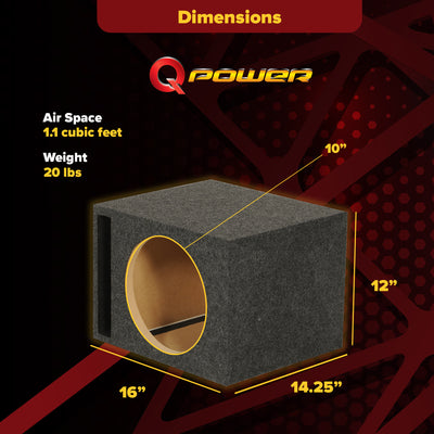 QPower 10" Heavy-Duty Single Vented Vehicle Subwoofer Enclosure Woofer Box, Gray