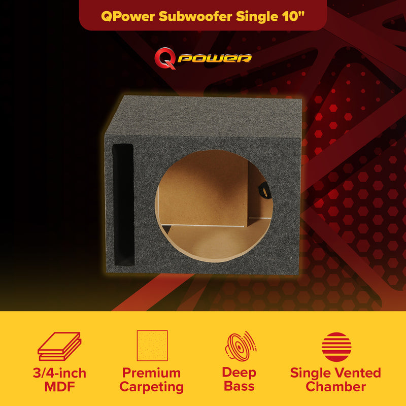 QPower 10" Heavy-Duty Single Vented Vehicle Subwoofer Enclosure Woofer Box, Gray