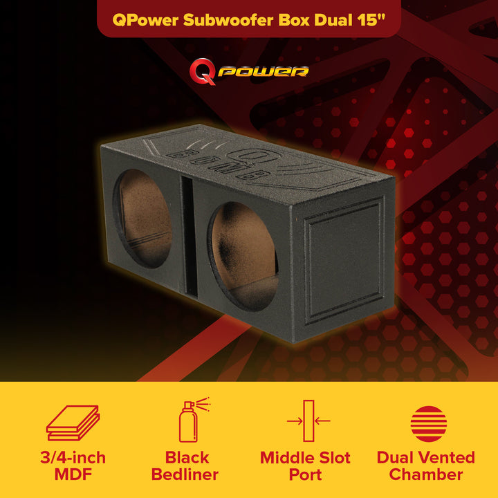 Q Power QBOMB15V Dual 15" Vented Port Subwoofer Sub Box w/ Bedliner Spray