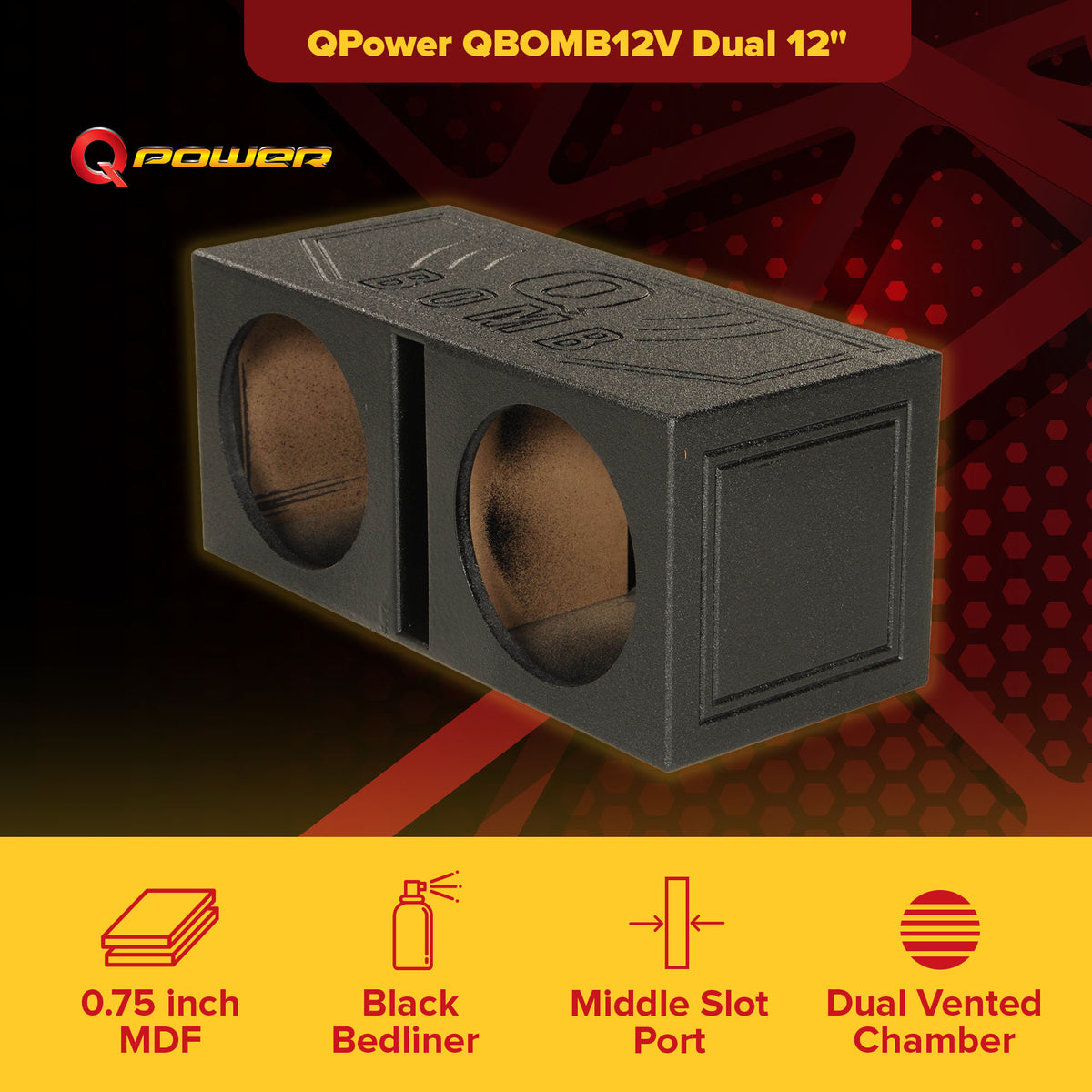 Q-POWER QBOMB12V 12" Rhino Lined Dual Vented Car Sub Box Enclosure (Open Box)