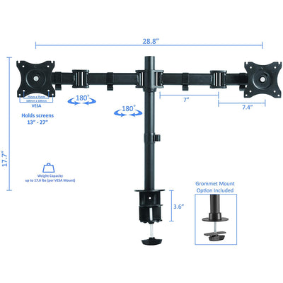 Rocelco Premium Adjustable Double Monitor Desk Mount, Fits 13-27 In LED Screens - VMInnovations