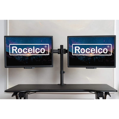 Rocelco 46 In Standing Desk Converter, Teak & Adjustable Dual Monitor Desk Mount - VMInnovations