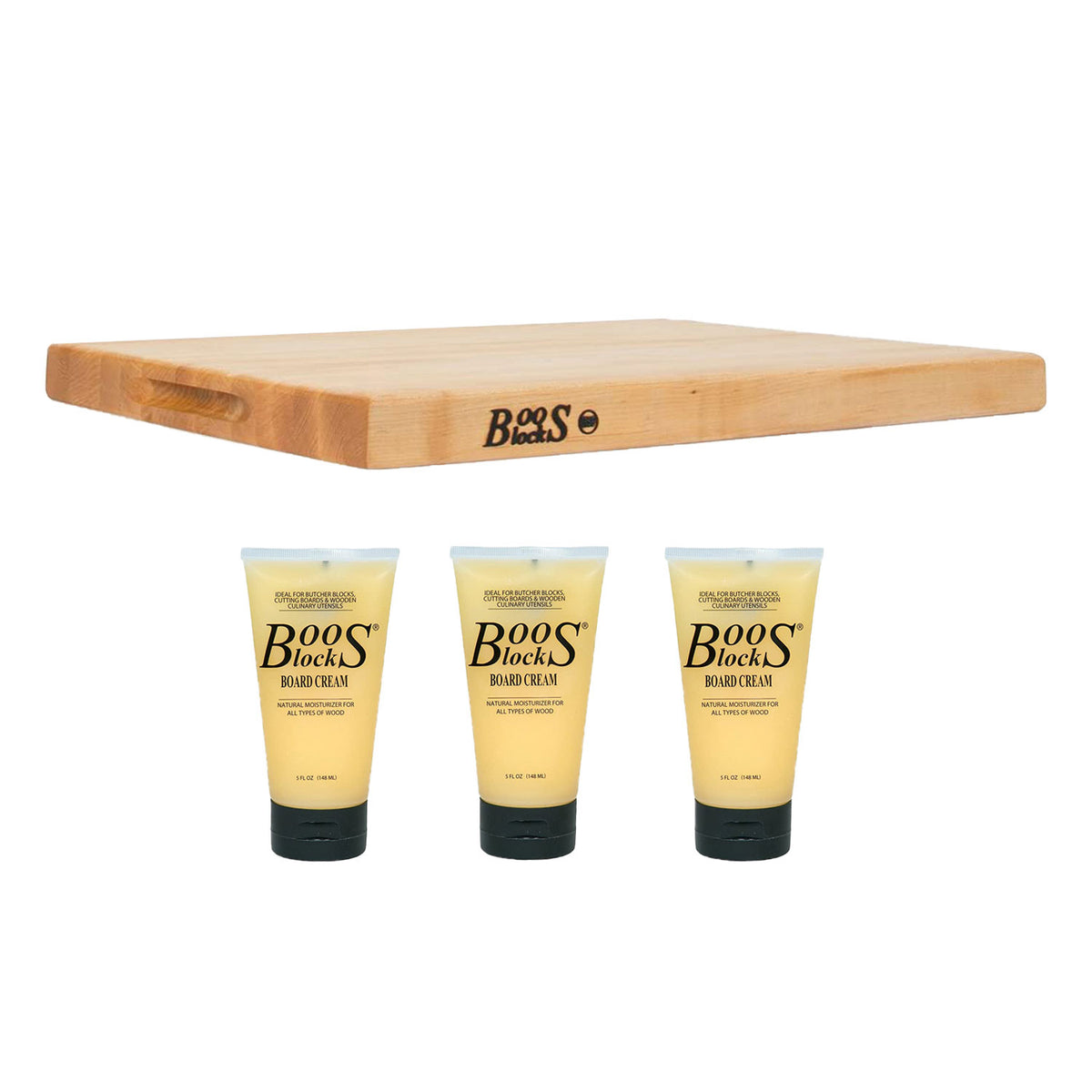 John Boos Maple Wood Reversible Cutting Board & 5 Ounce Moisture Cream, (3 Pack)