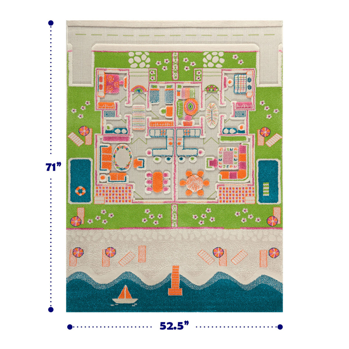 IVI 3D Play Carpet 71 x 52.5 Inch Beach House Floor Rug Mat for Kids, Large - VMInnovations