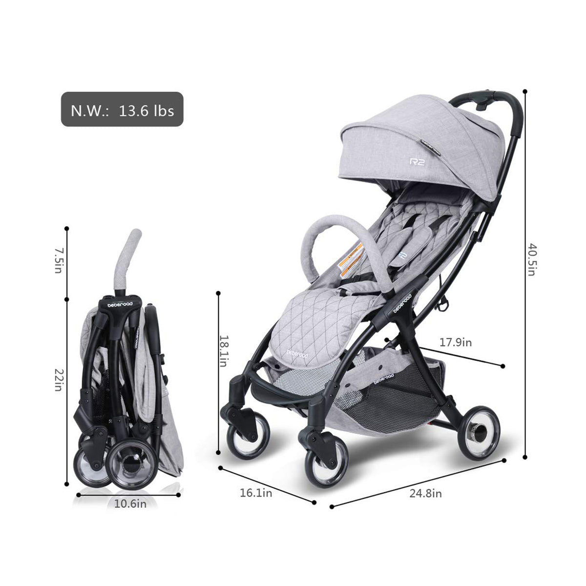 Beberoad R2 Ultra Lightweight Baby Newborn Stroller w/ Waterproof Canopy, Grey - VMInnovations