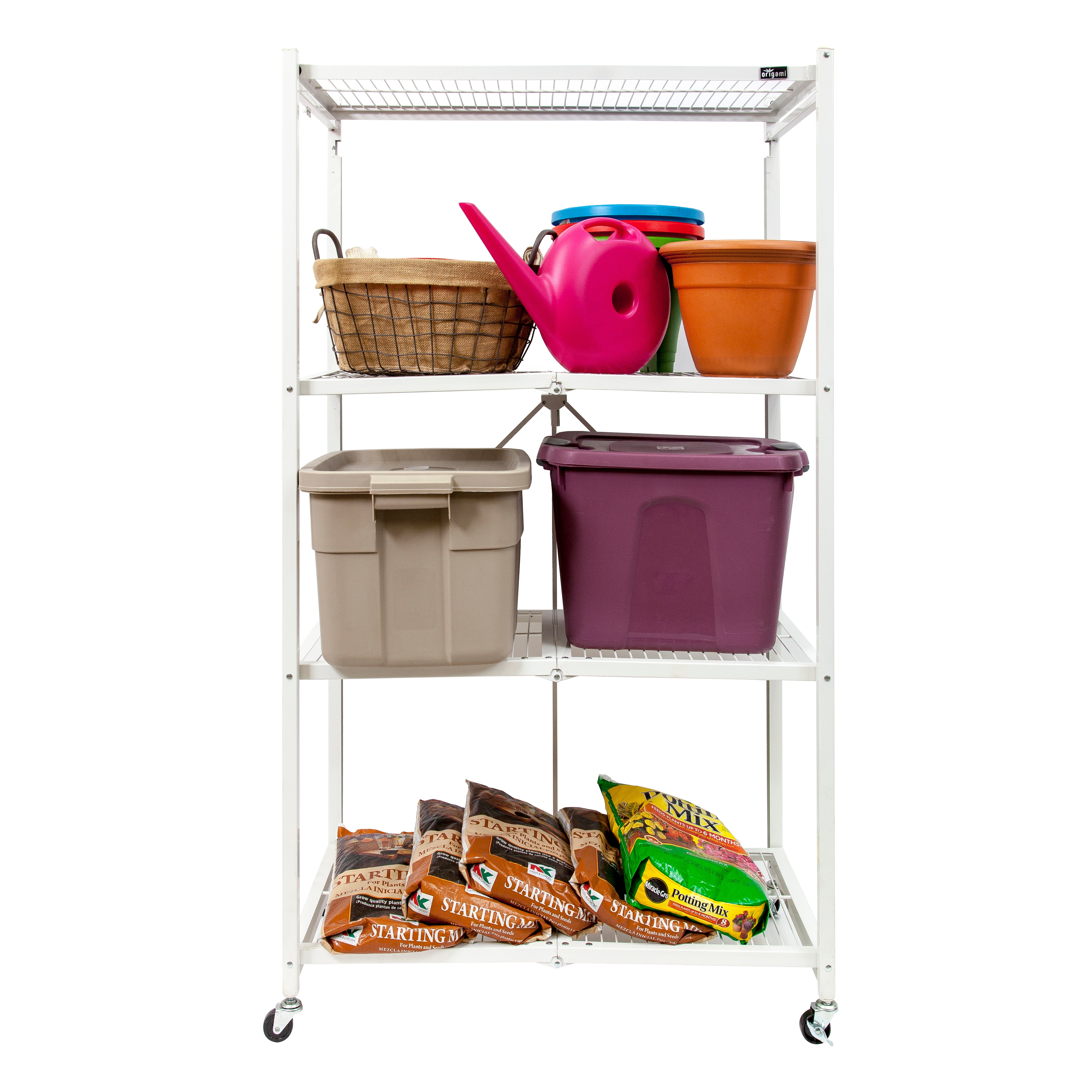 Origami Wheeled 4-Shelf Folding Steel Wire Shelving, White (Used) - VMInnovations