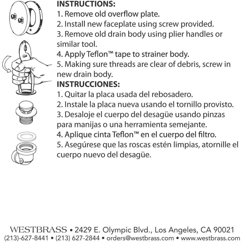 Westbrass Universal Tiptoe Bathtub Drain Trim Set w/ 2 Hole Faceplate (Used)