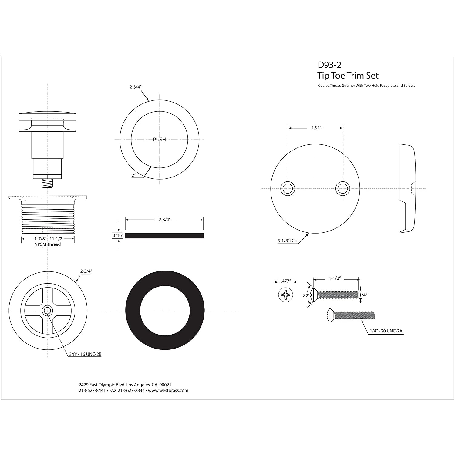 Westbrass Tiptoe Bathtub Drain Trim Set w/ 2 Hole Faceplate, Black (Open Box)