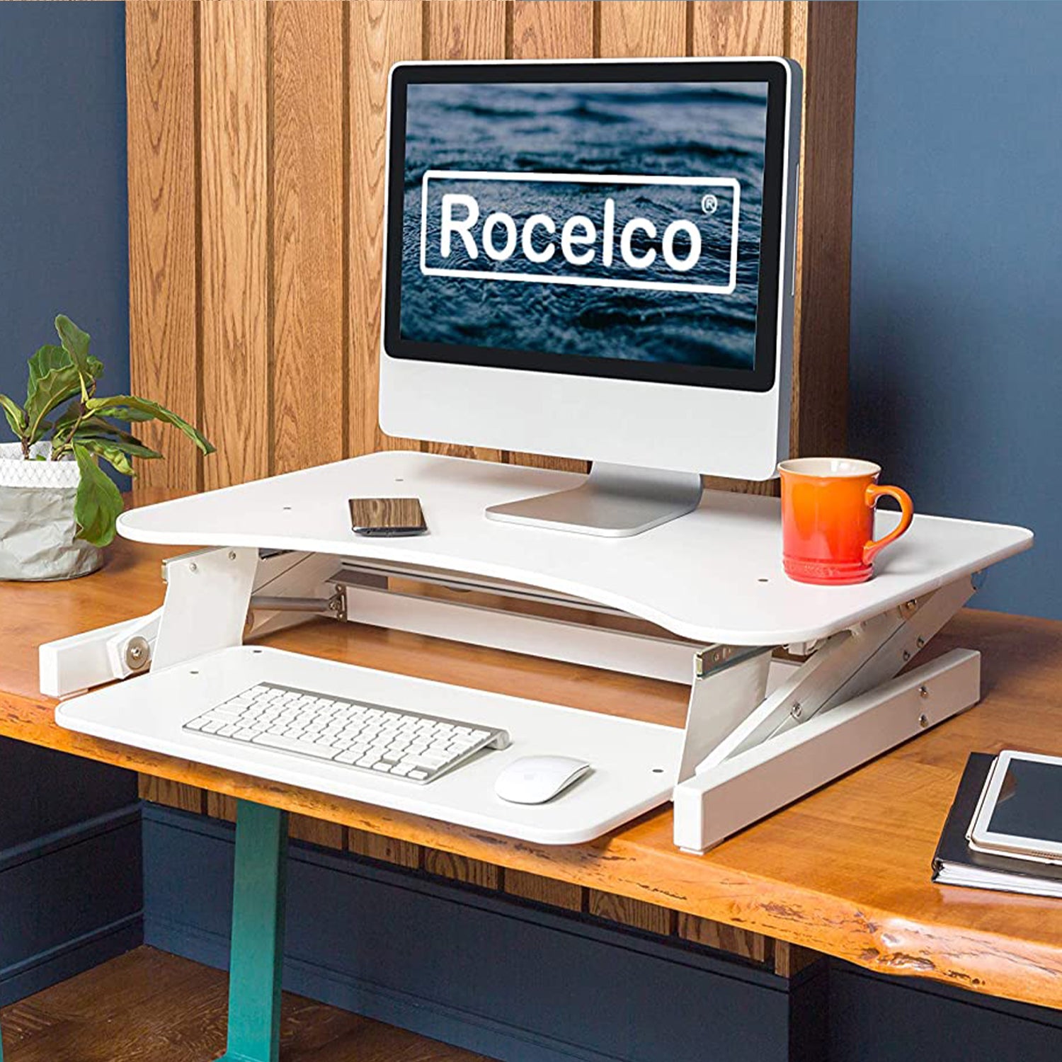 Rocelco Standing Desk Converter 32 Inch Adjustable Height Support Riser, White