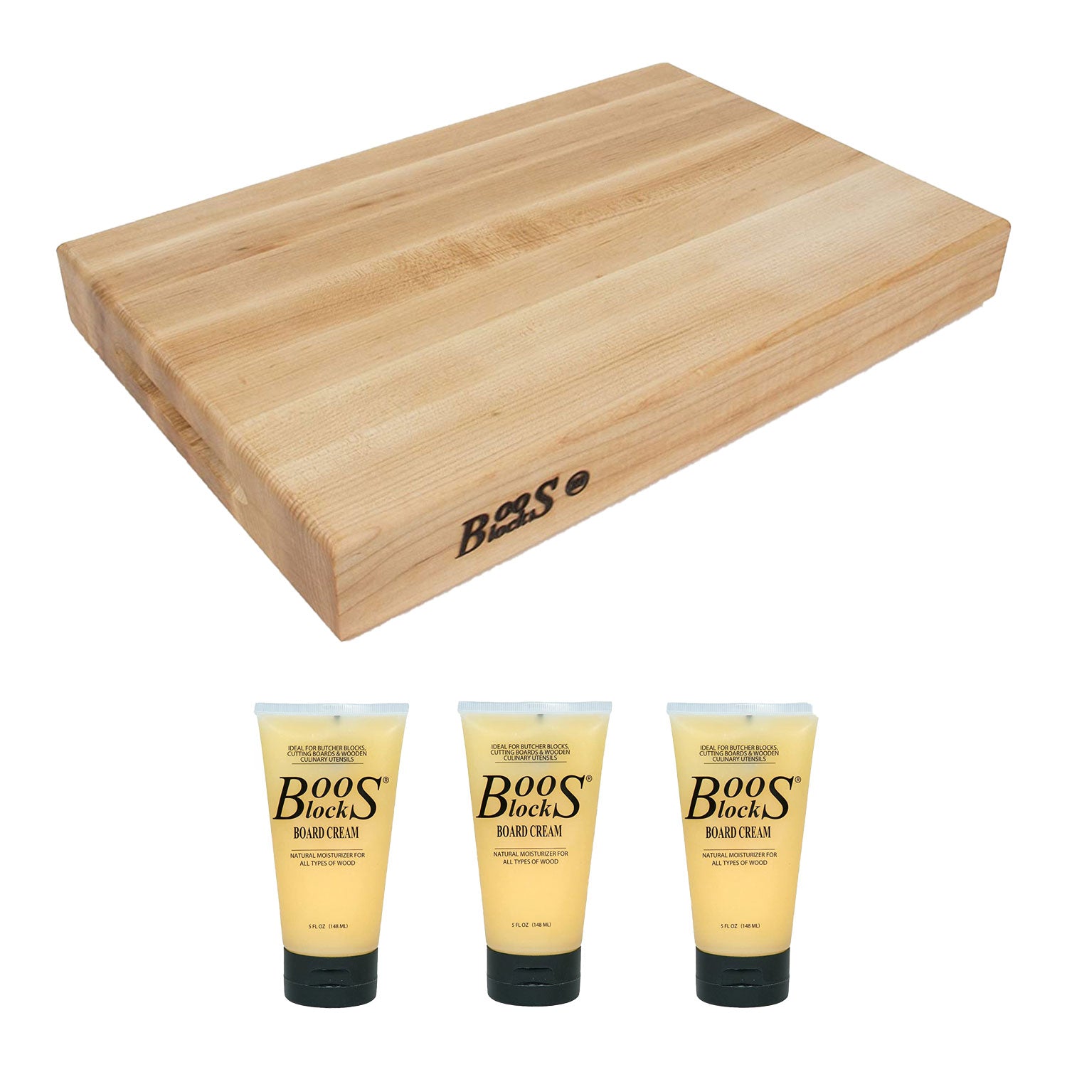John Boos Maple Wood 18 Inch Cutting Board and Natural Care Cream, 5 Oz (3 Pack)