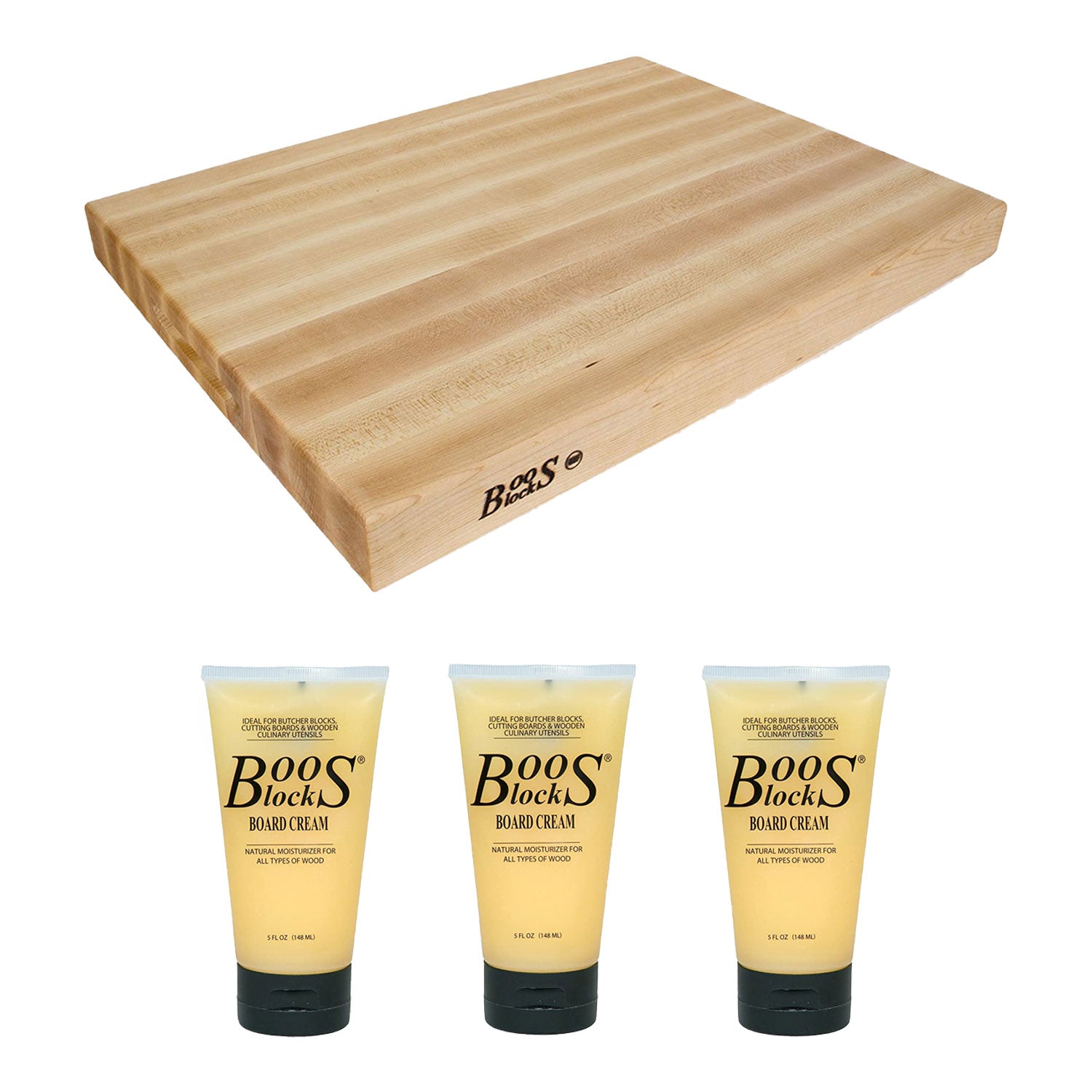 John Boos Maple Wood Reversible Cutting Board & 5 Ounce Care Cream, (3 Pack)