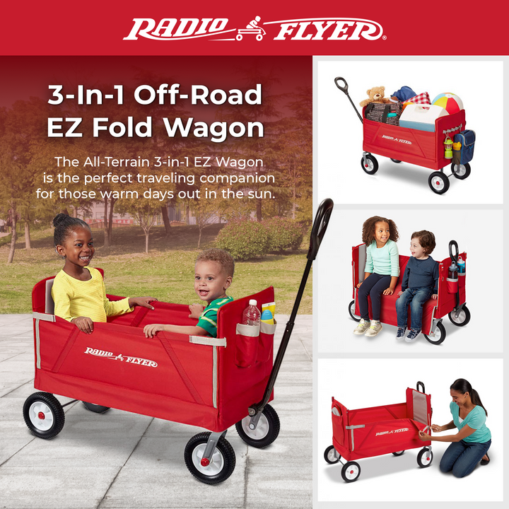 Radio Flyer All Terrain 3-in-1 Off Road EZ Fold Wagon for Kids and Cargo, Red