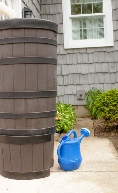 Good Ideas RW-2SD050-OAK 50 Gallon Rain Barrel with Stand Black Ribbed Design