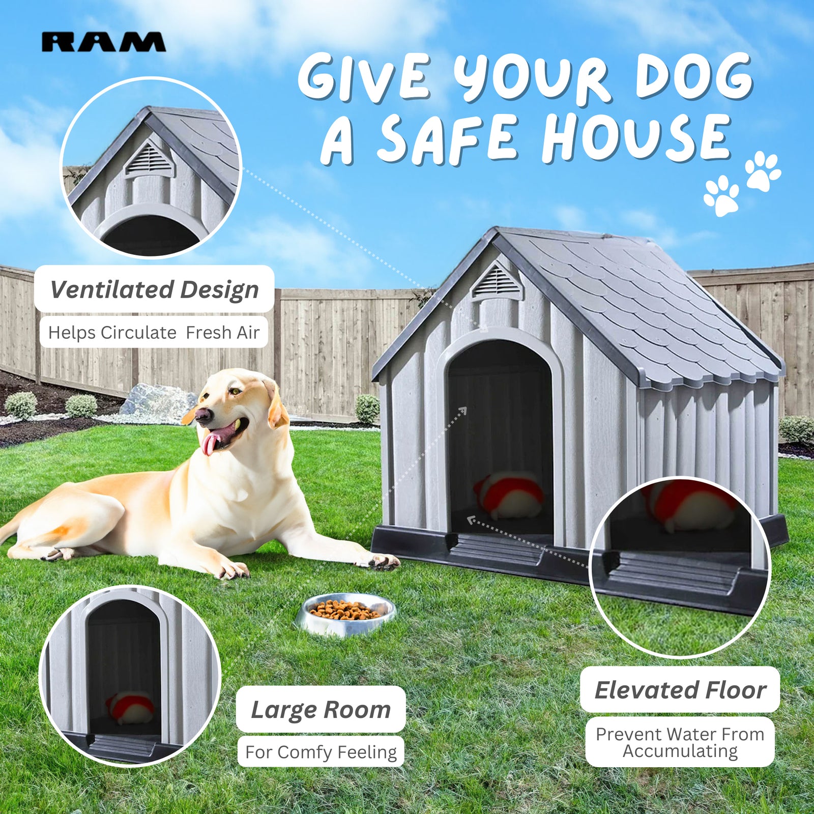 Ram Quality Products Outdoor Pet House Large Waterproof Dog Kennel Shelter, Gray - VMInnovations