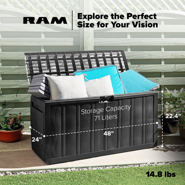 Ram Quality Products Outdoor Backyard Patio Storage Deck Box, 71 Gallon, Gray