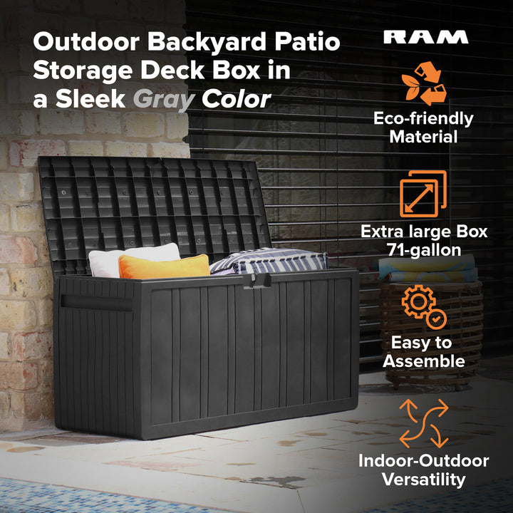 Ram Quality Products Outdoor Backyard Patio Storage Deck Box, 71 Gallon, Gray