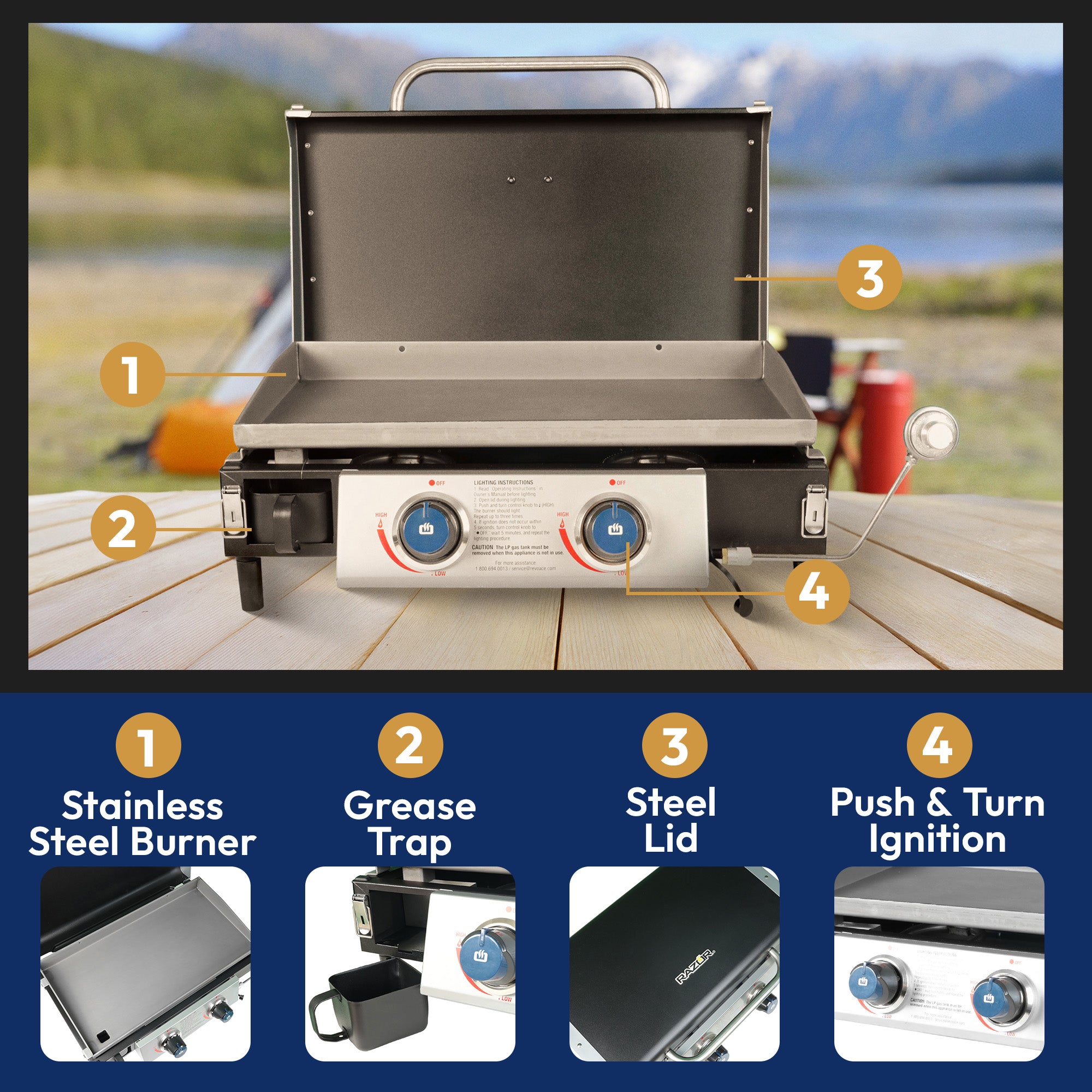 Razor Universal Rolling Prep Cart and 25 Inch Double Burner LP Propane Gas Grill
