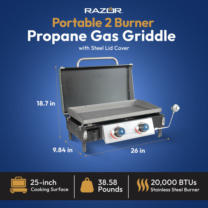 Razor Griddle 25 Inch Portable 2 Burner LP Propane Gas Grill, Steel (Used)