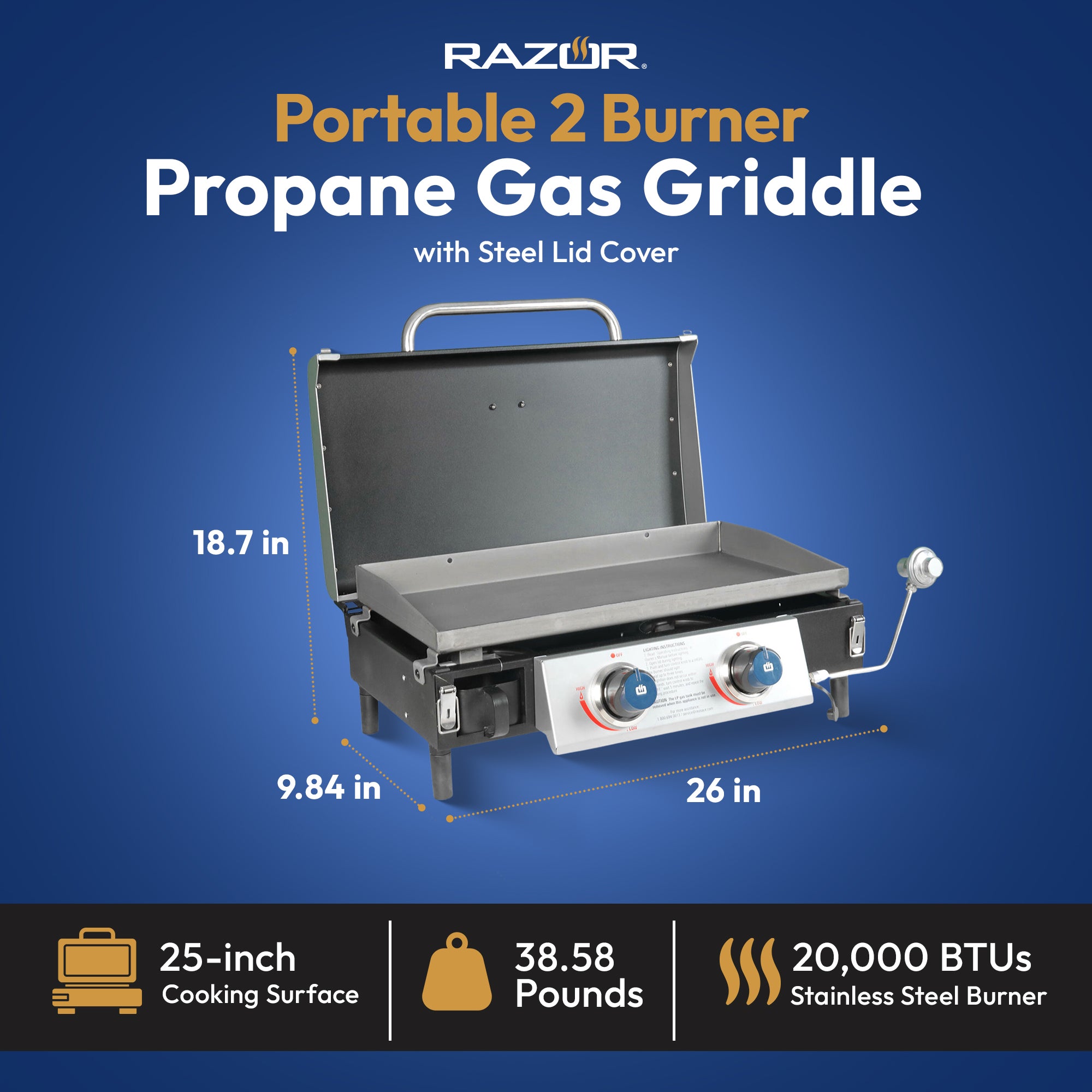Razor Griddle 25 Inch Portable 2 Burner LP Propane Gas Grill, Steel (Used) - VMInnovations