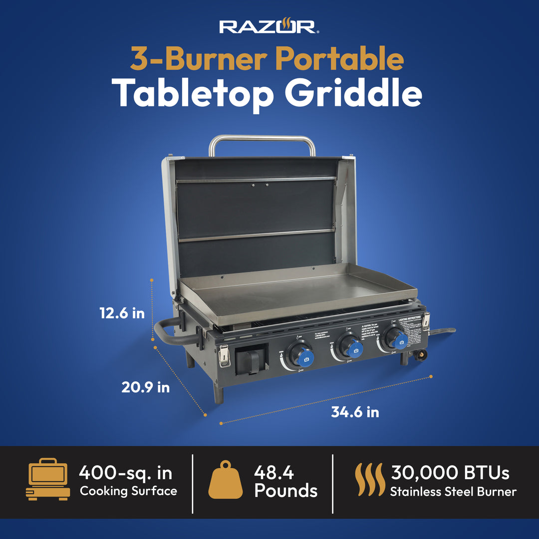 Razor 34.5" 3 Burner Portable Tabletop Griddle for Backyard Cooking and Camping