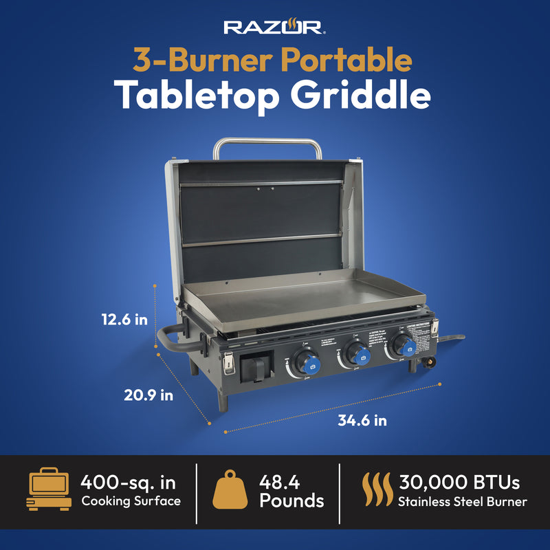 Razor 34.5" 3-Burner Tabletop Griddle for Backyard Cooking & Camping (Open Box)