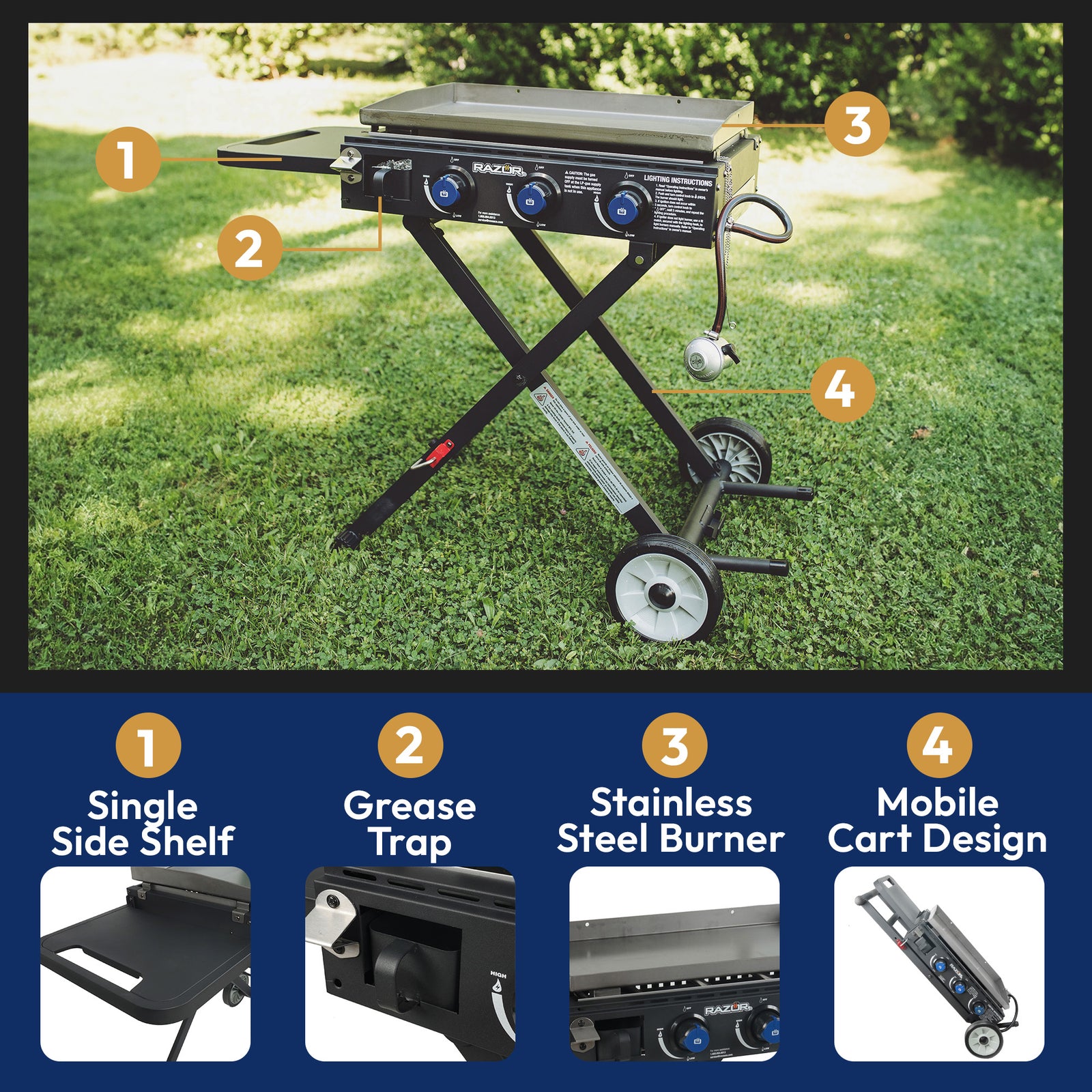 Razor Griddle Portable 3 Burner 30K BTU Gas Grill & Griddle Cart with Side Shelf - VMInnovations