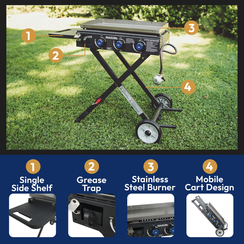 Razor Griddle 3 Burner 30,000 BTU Gas Grill & Griddle Cart w/Side Shelf (Used)