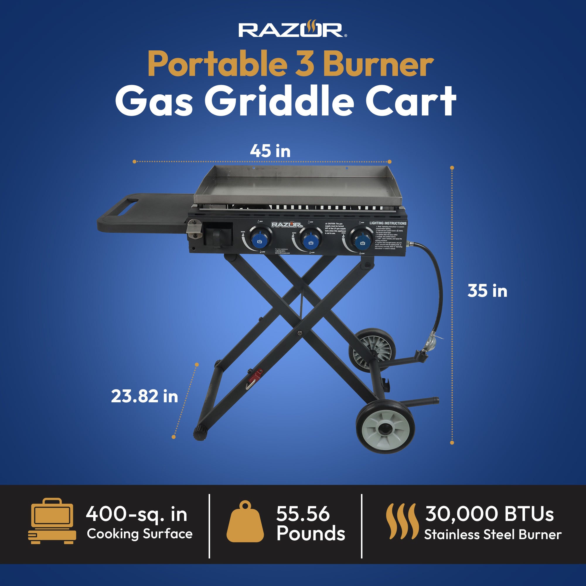 Razor Griddle 3 Burner 30,000BTU Gas Grill & Griddle Cart w/Side Shelf(Open Box)