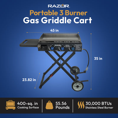 Razor Griddle 3 Burner 30,000BTU Gas Grill & Griddle Cart w/Side Shelf(Open Box)