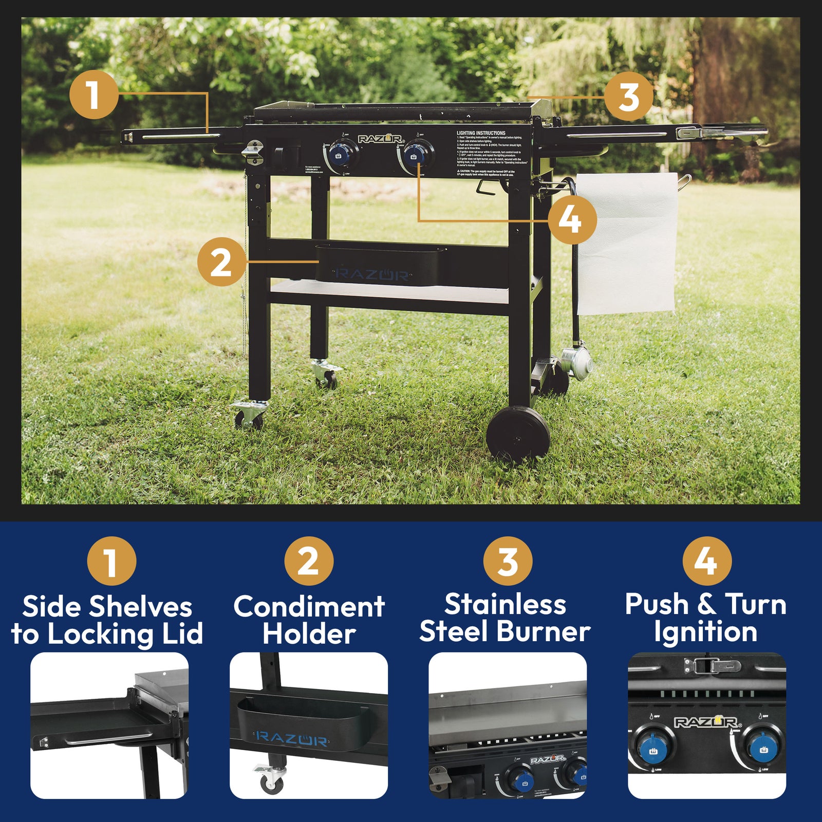 Razor Griddle Portable 2 Burner 30,000 BTU Gas Grill & Griddle Cart w/Shelves - VMInnovations