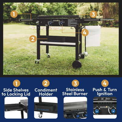 Razor Griddle Portable 2 Burner 30,000 BTU Gas Grill & Griddle Cart w/Shelves - VMInnovations